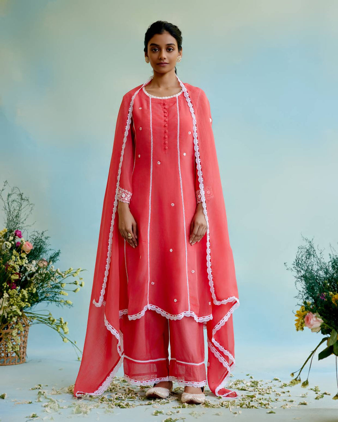 Coral Rose Anarkali with Wide Leg Pants