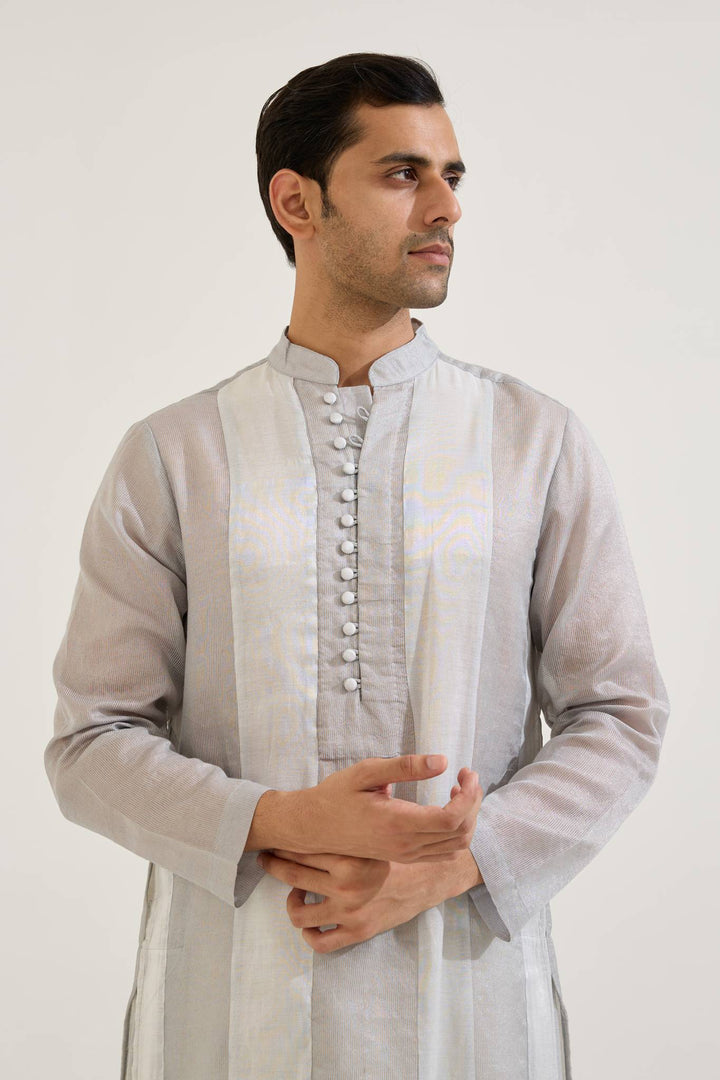 Lilac Dori Jacquard Kurta with Wide Leg Pants and Dupatta paired with Blue Silver Panel Chanderi Stripe Kurta set