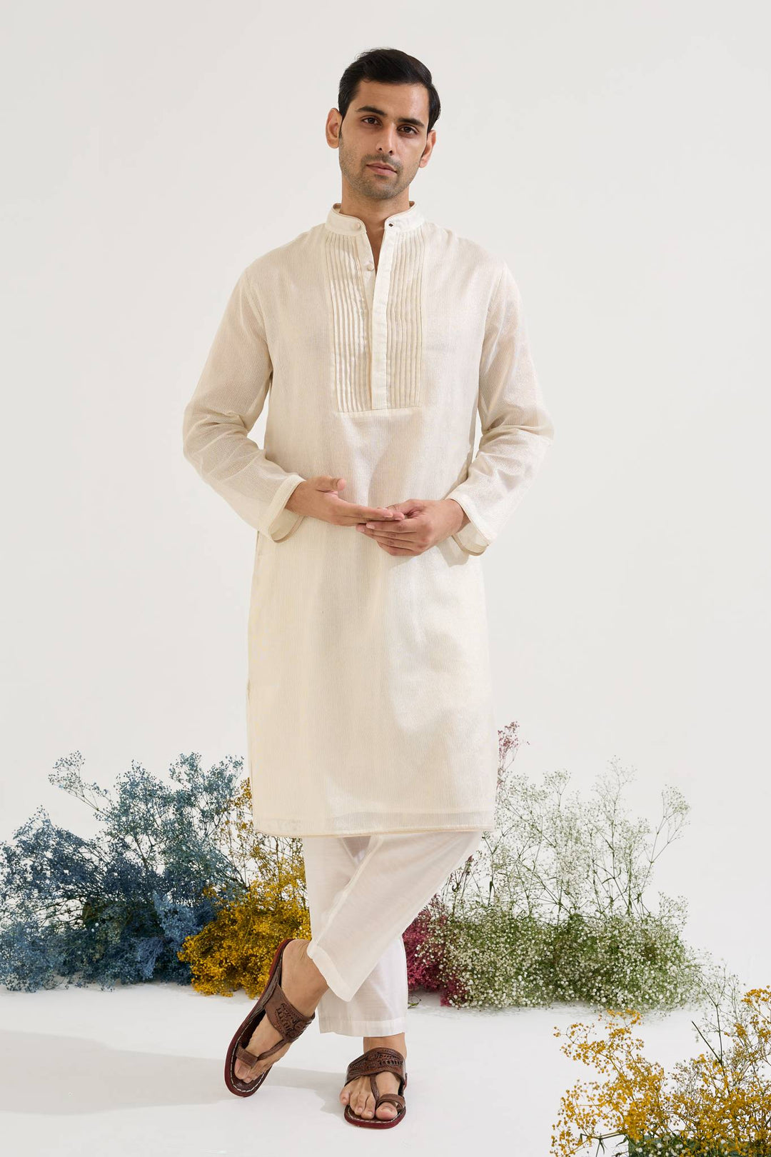 Rosy White Zari Kurta with Farsi Salwar and Dupatta paired with White Pintuck Chanderi Stripe Kurta set