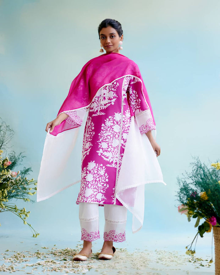 Cranberry Floral Kurta with Narrow Pants