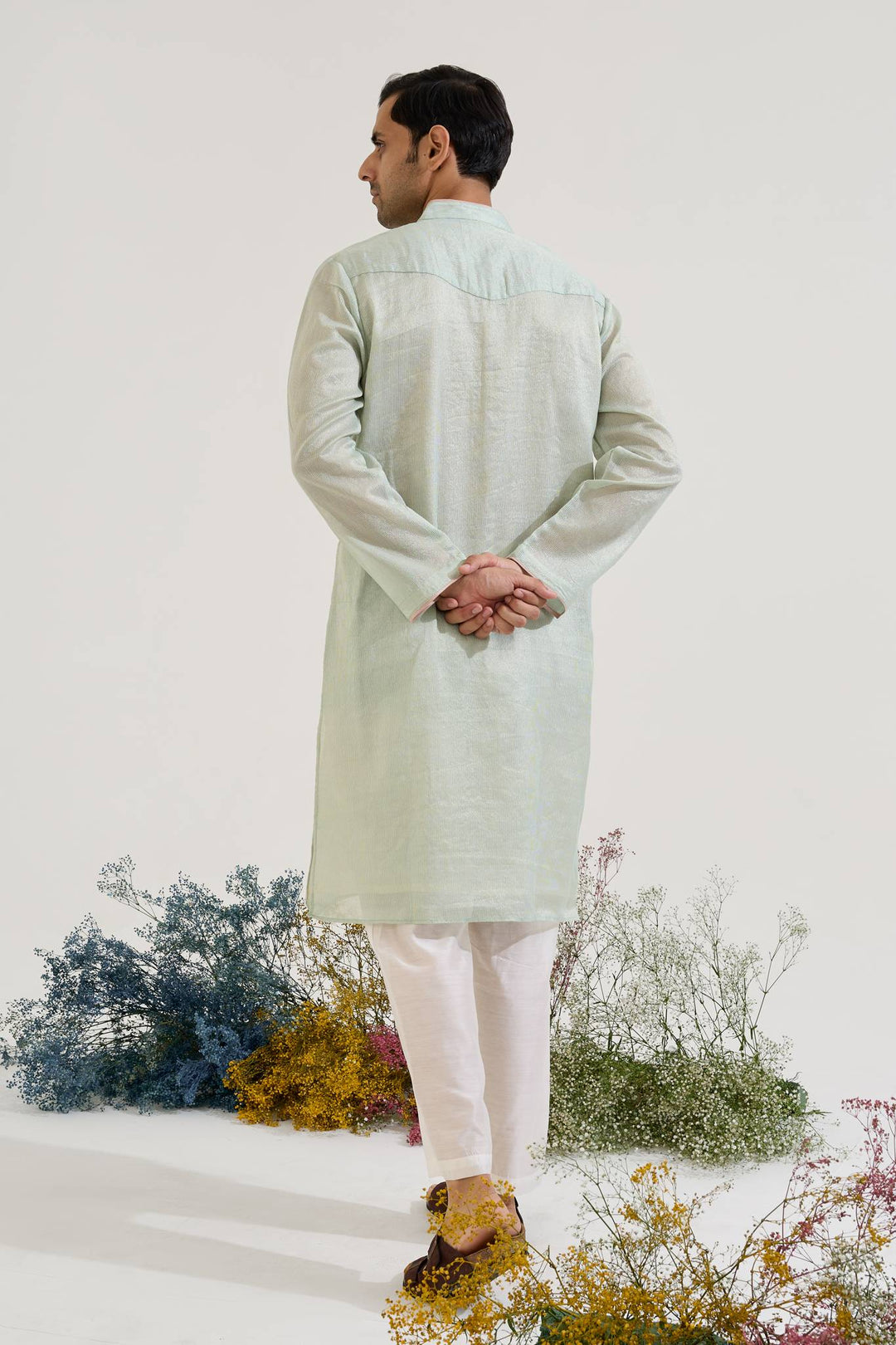 Mint Lotus Applique Tissue Kurta with Narrow Pants paired with Mint Pintuck Chanderi Stripe Kurta set