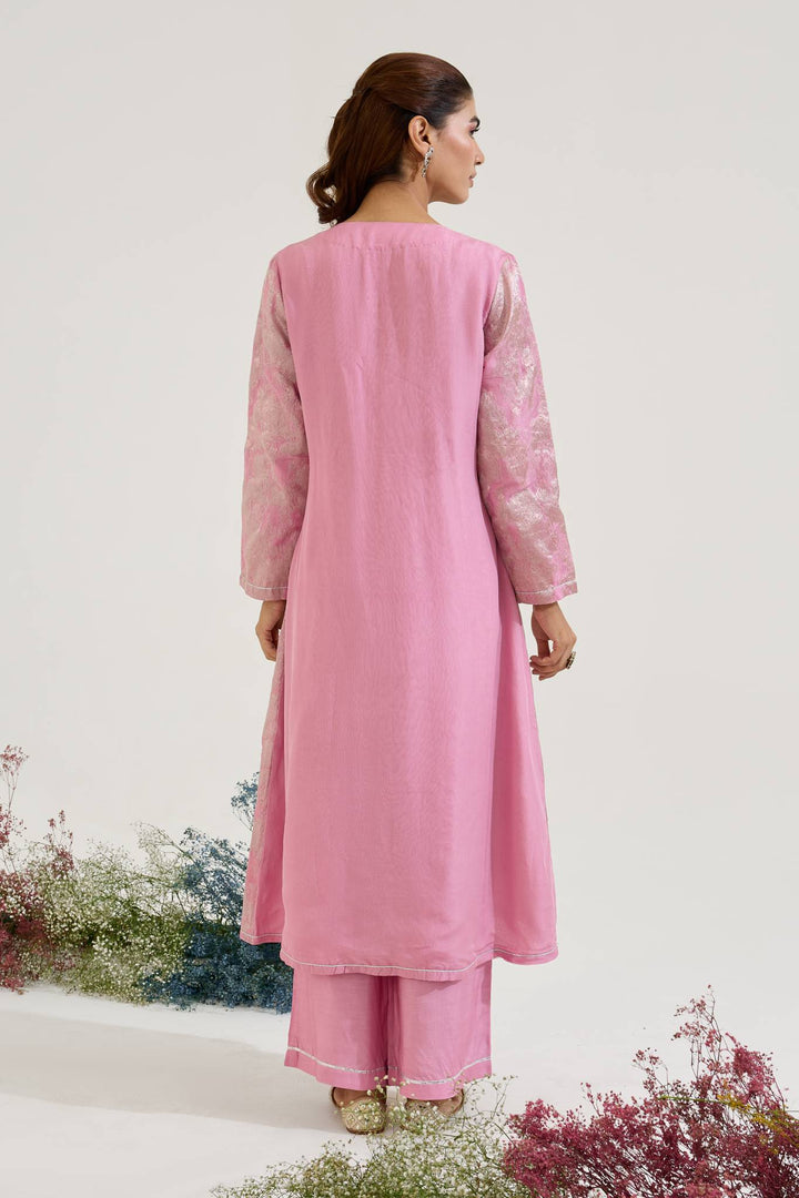 Lilac Dori Jacquard Kurta with Wide Leg Pants and Dupatta paired with Blue Silver Panel Chanderi Stripe Kurta set