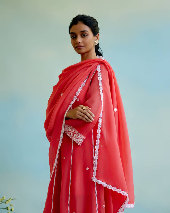 Coral Rose Anarkali with Wide Leg Pants
