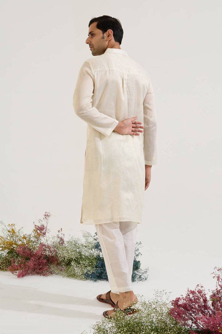 Gold Rose Panel Anarkali with Wide Leg Pants paired with White Gold Panel Chanderi Stripe Kurta set