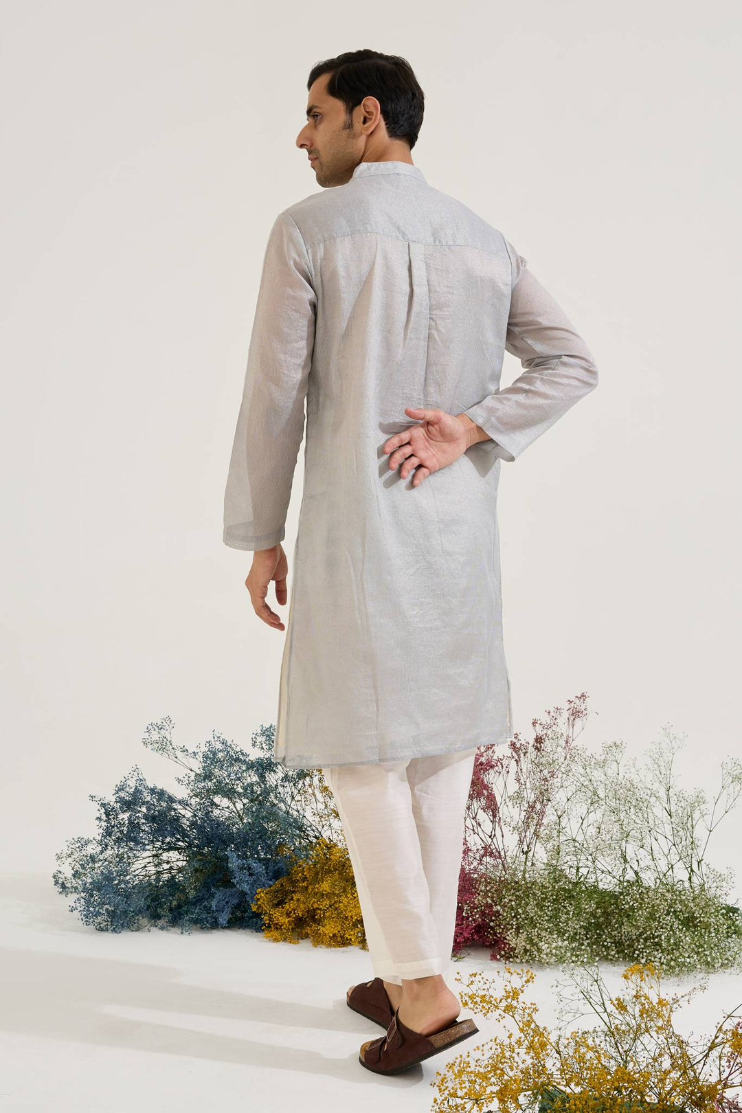 Lilac Dori Jacquard Kurta with Wide Leg Pants and Dupatta paired with Blue Silver Panel Chanderi Stripe Kurta set