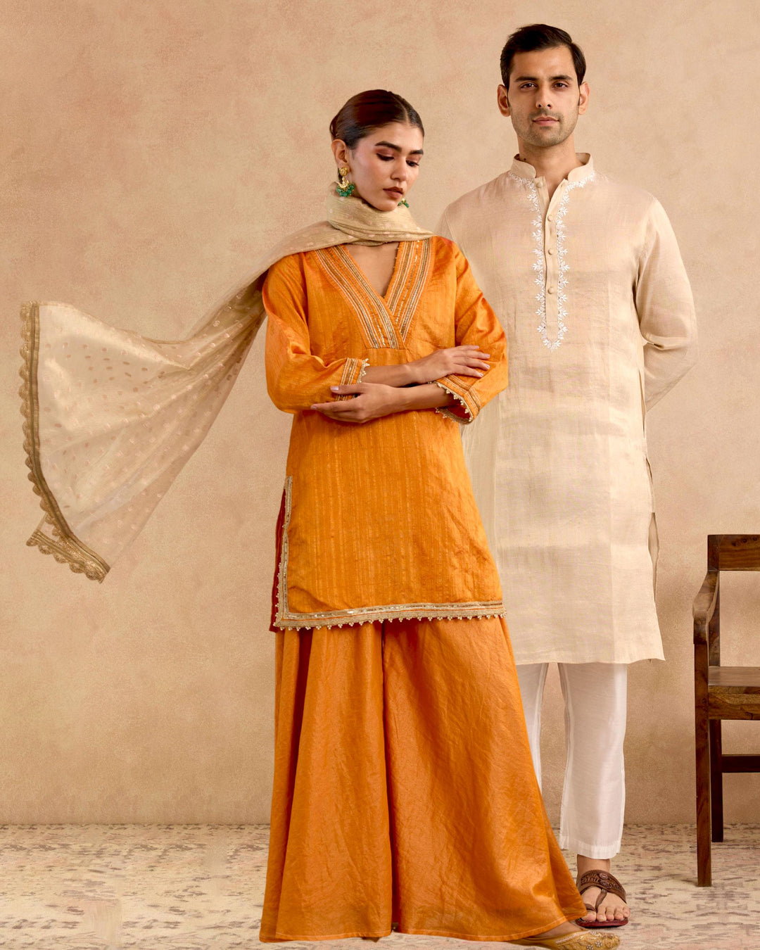 Pairing of Amber Charm Kurta with Sharara with Gold Yoke Embroidered Tissue Kurta set Look