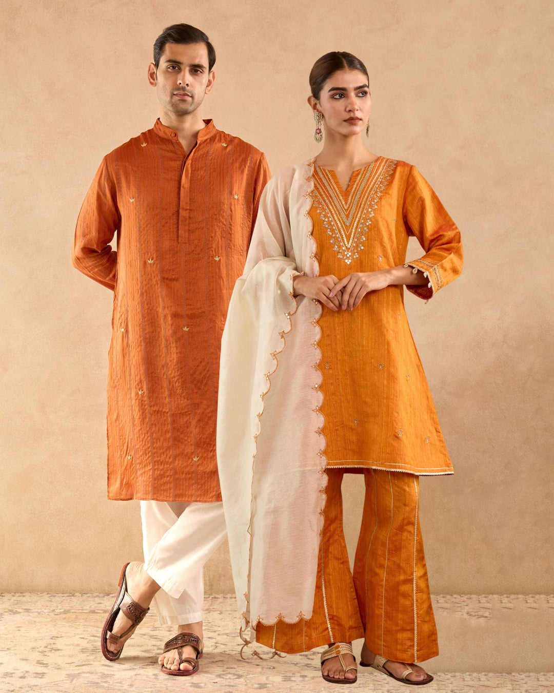 Pairing of Amber Dahlia Embroidered Kurta with Flared Pants with Brown Dori Silk Chanderi Kurta Set Look