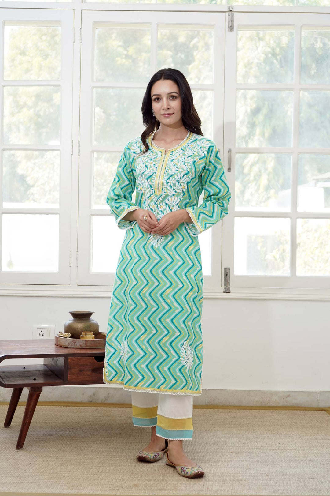 Sky Yellow Chevron Chikankari Kurta Set