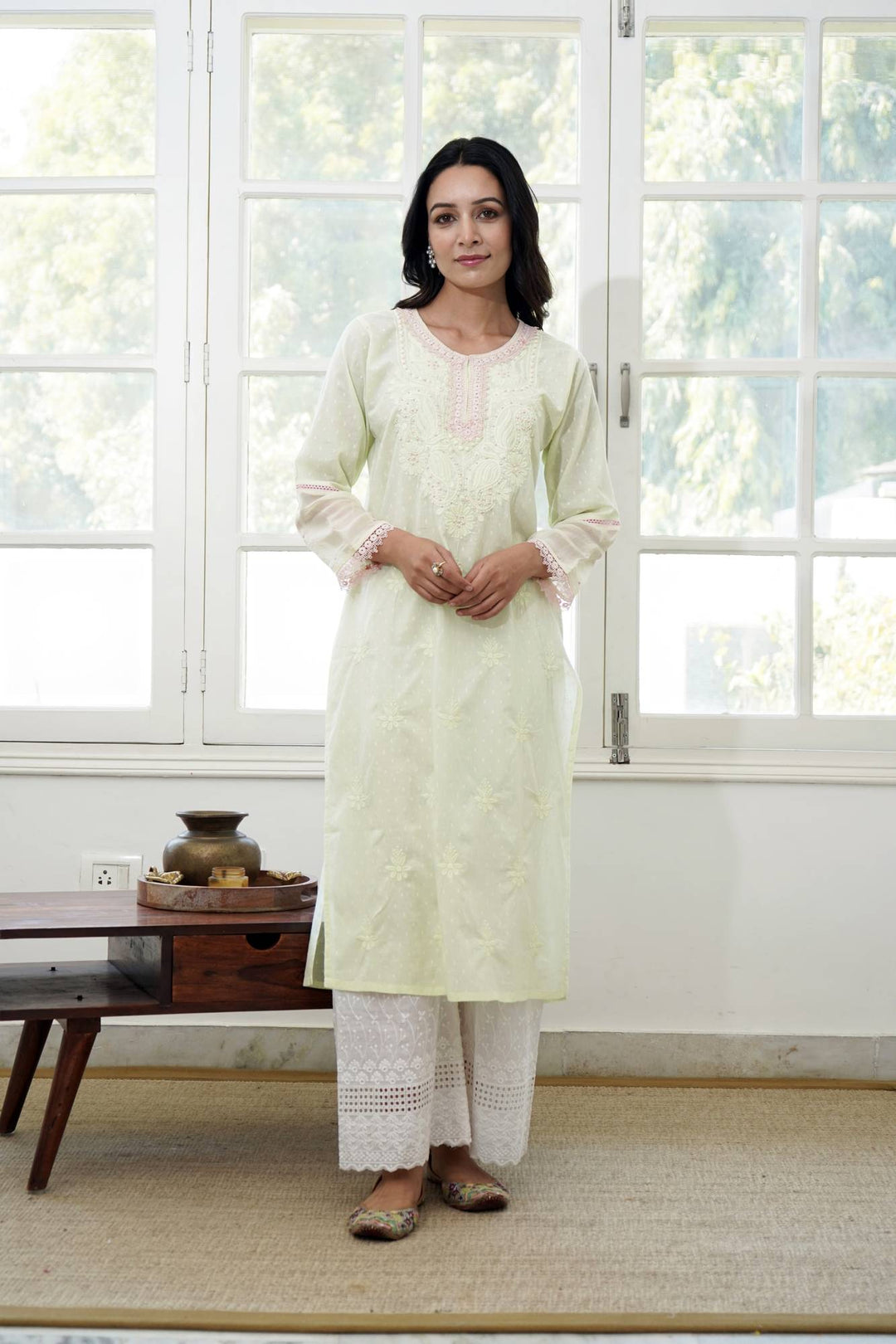 Mint Petal Chikankari Kurta Set with 
Wide Leg Pants