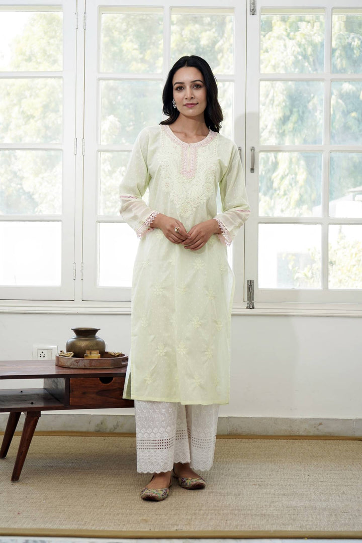 Mint Petal Chikankari Kurta Set with 
Wide Leg Pants