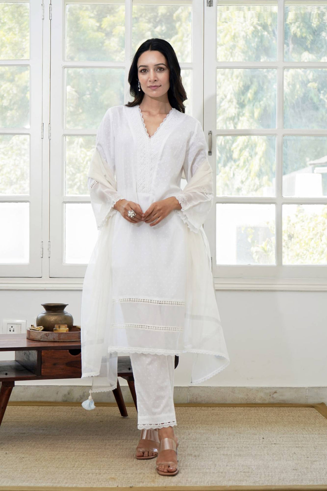 Camellia White Kurta Set with Narrow Pants