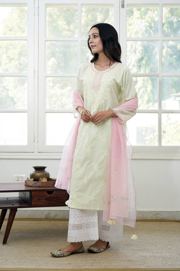 Mint Petal Chikankari Kurta Set with 
Wide Leg Pants