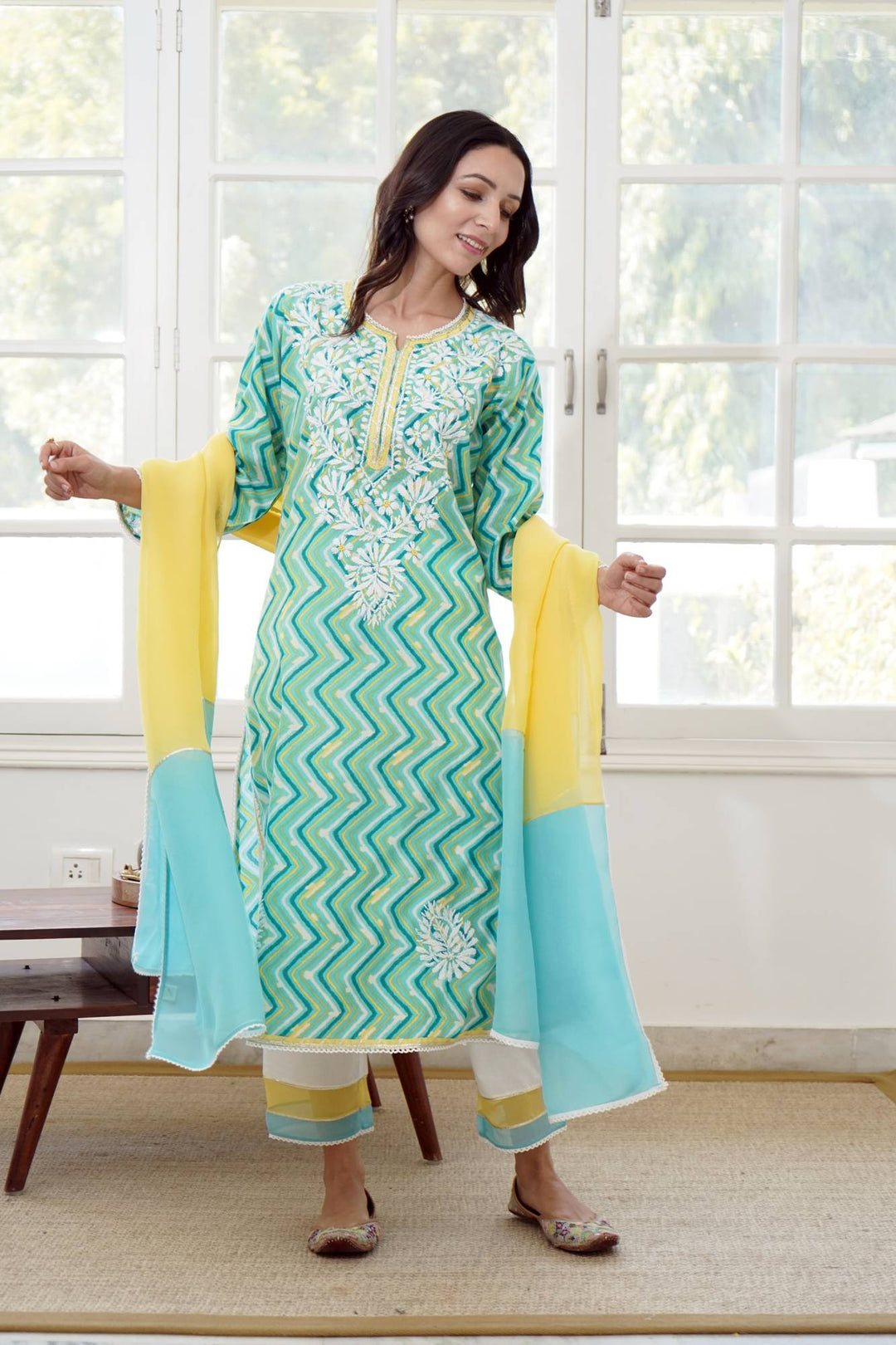 Sky Yellow Chevron Chikankari Kurta Set