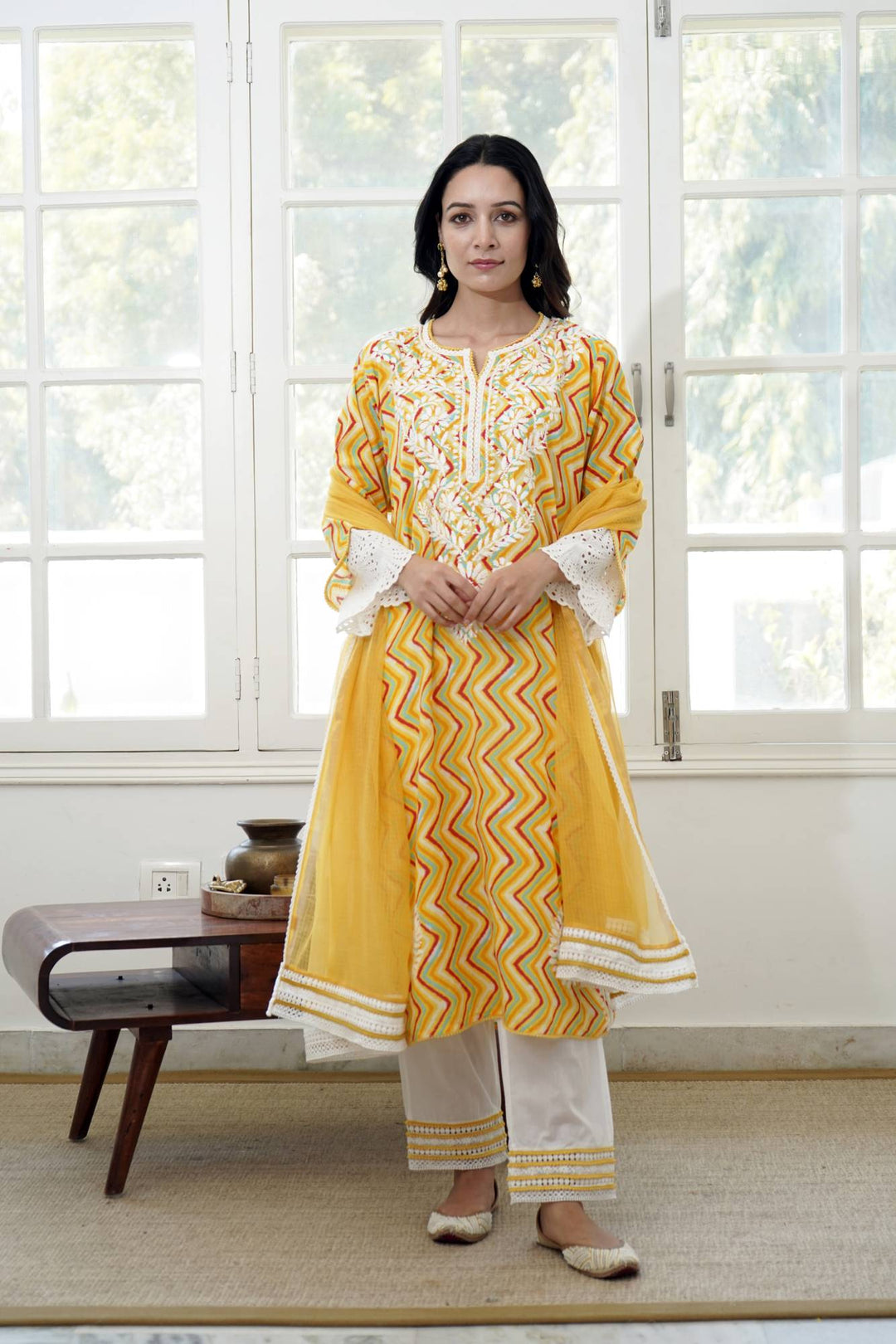 Yellow Chevron Chikankari Kurta Set
