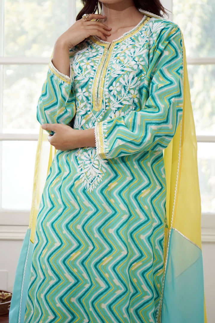 Sky Yellow Chevron Chikankari Kurta Set