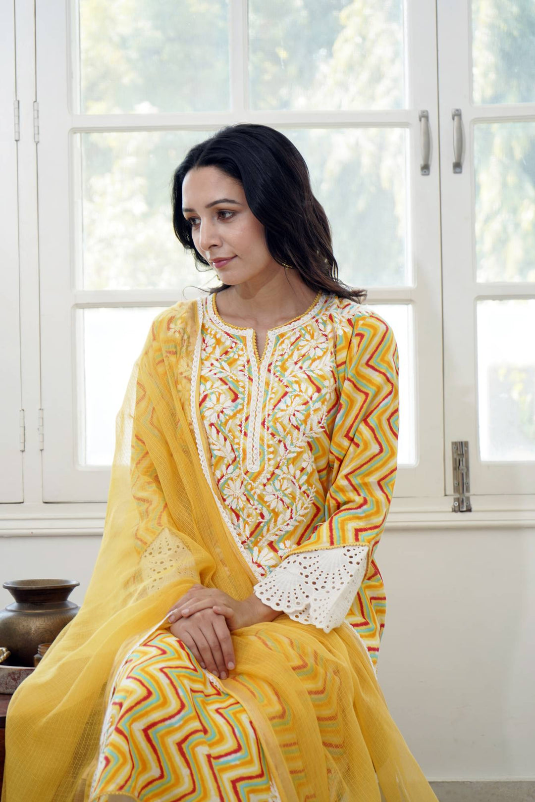 Yellow Chevron Chikankari Kurta Set