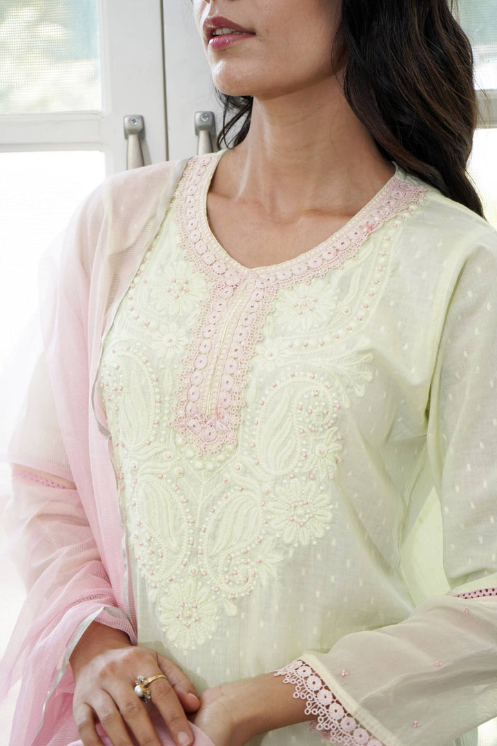 Mint Petal Chikankari Kurta Set with 
Wide Leg Pants