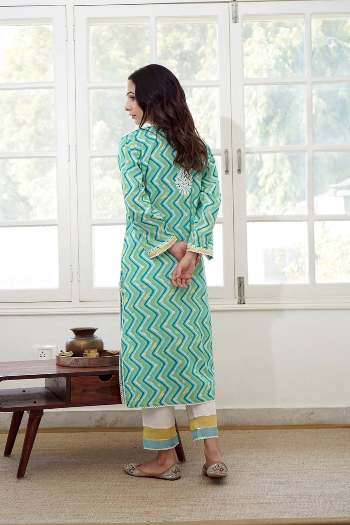 Sky Yellow Chevron Chikankari Kurta Set