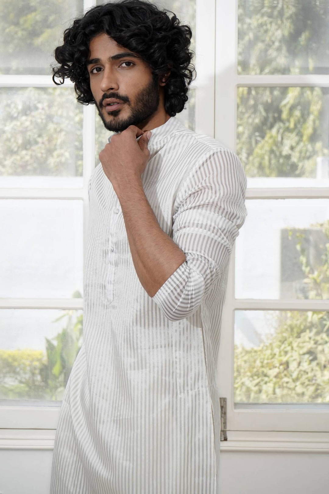 Silver Stripe Tissue Kurta Set