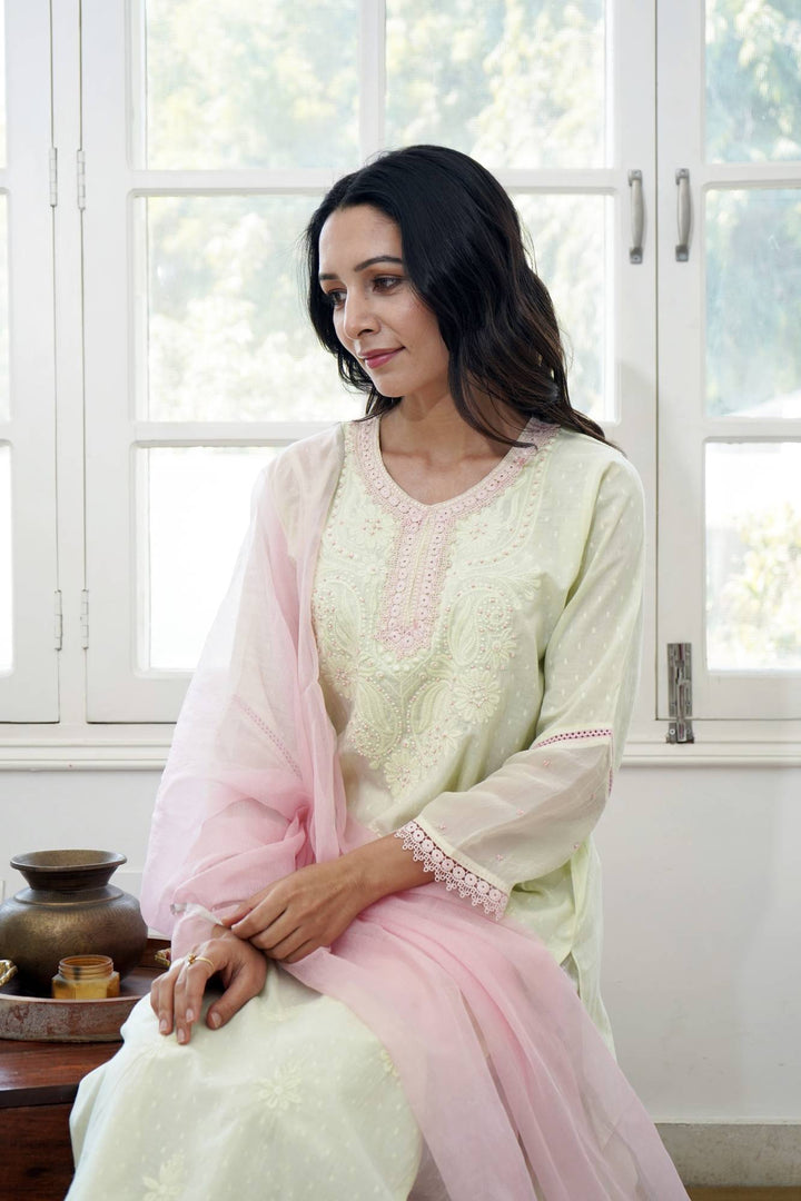 Mint Petal Chikankari Kurta Set with 
Wide Leg Pants