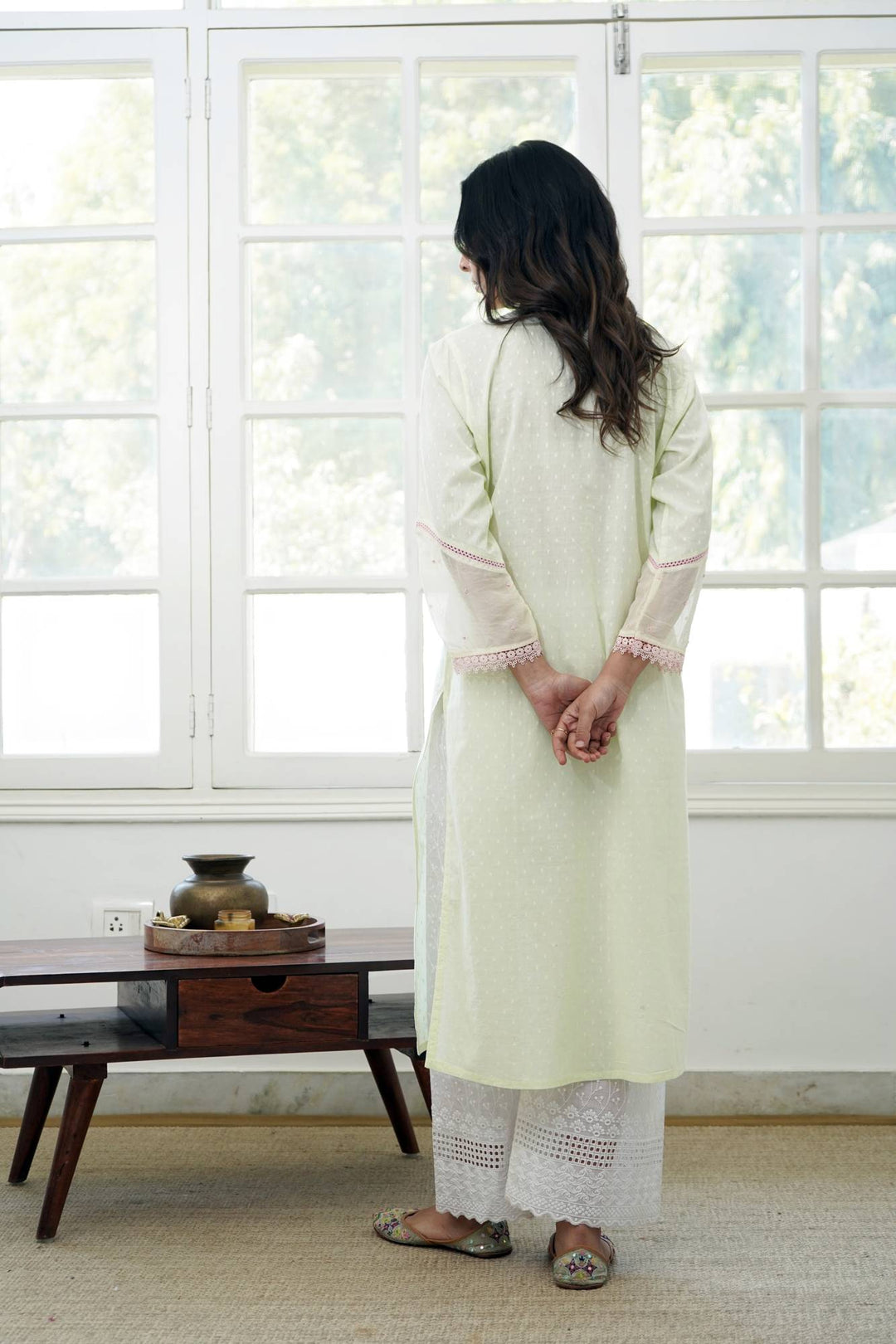 Mint Petal Chikankari Kurta Set with 
Wide Leg Pants