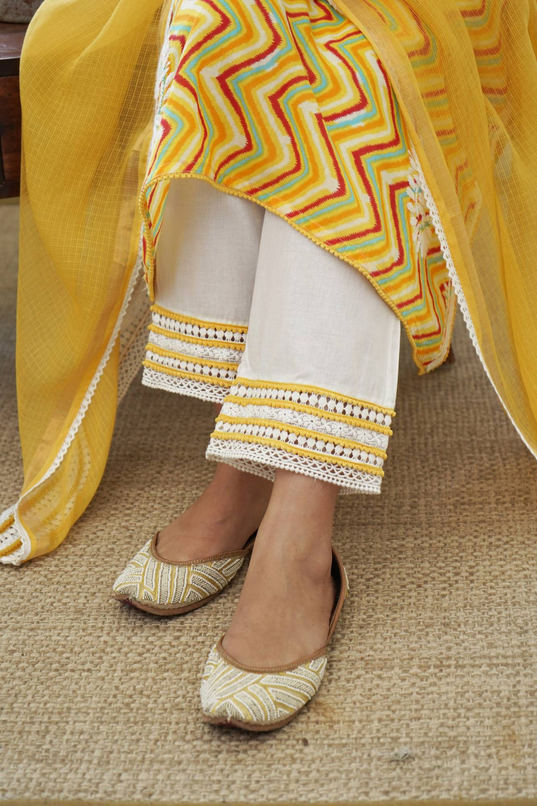 Yellow Chevron Chikankari Kurta Set