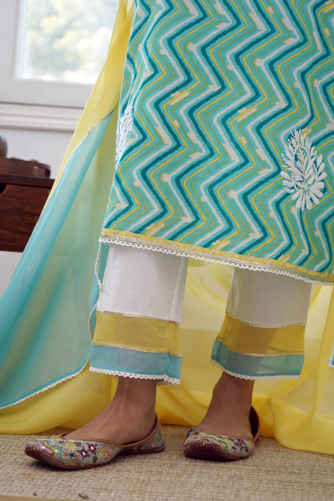 Sky Yellow Chevron Chikankari Kurta Set