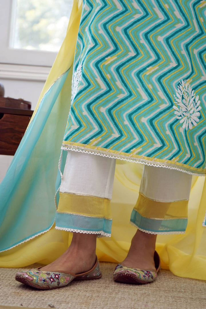 Sky Yellow Chevron Chikankari Kurta Set