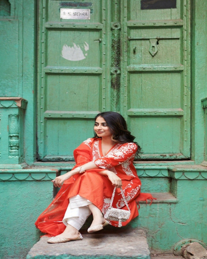 Hibiscus Charm Kurta with Wide Leg Pants