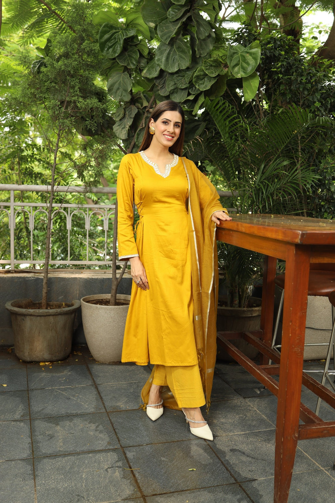 Gold cashmere kurta with wide leg pants