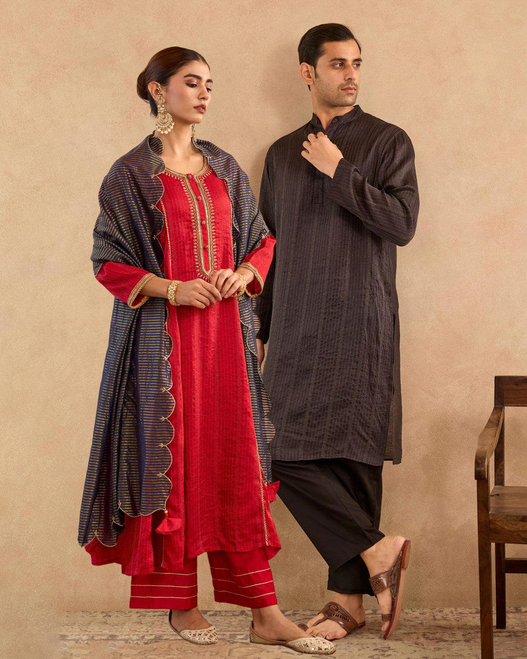 Pairing of Regal Red Embroidered Anarakali with Flared Pants with Black Lotus Chanderi Stripe Kurta set Look