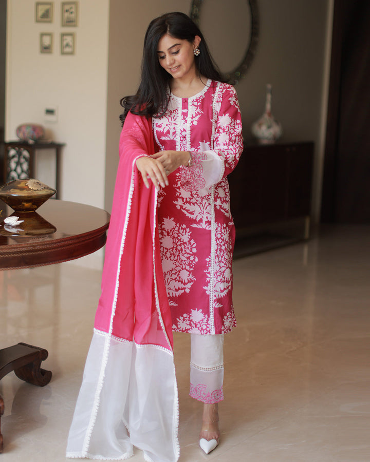 Cranberry Floral Kurta with Narrow Pants