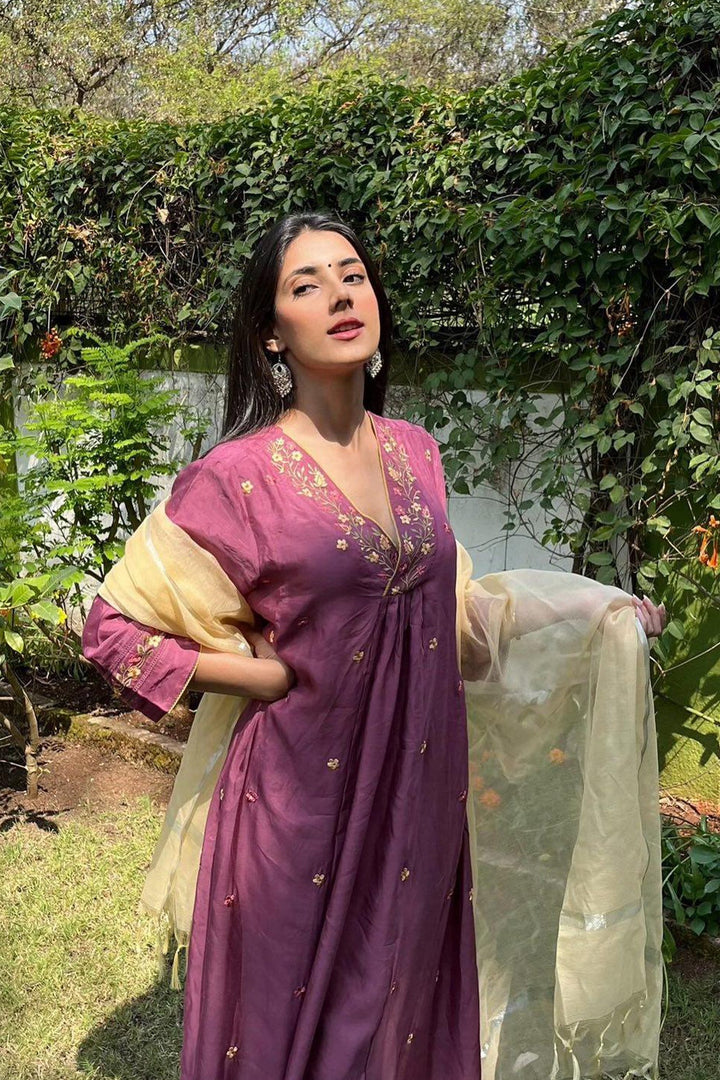 Wine Daisy Kurta with Narrow Pants