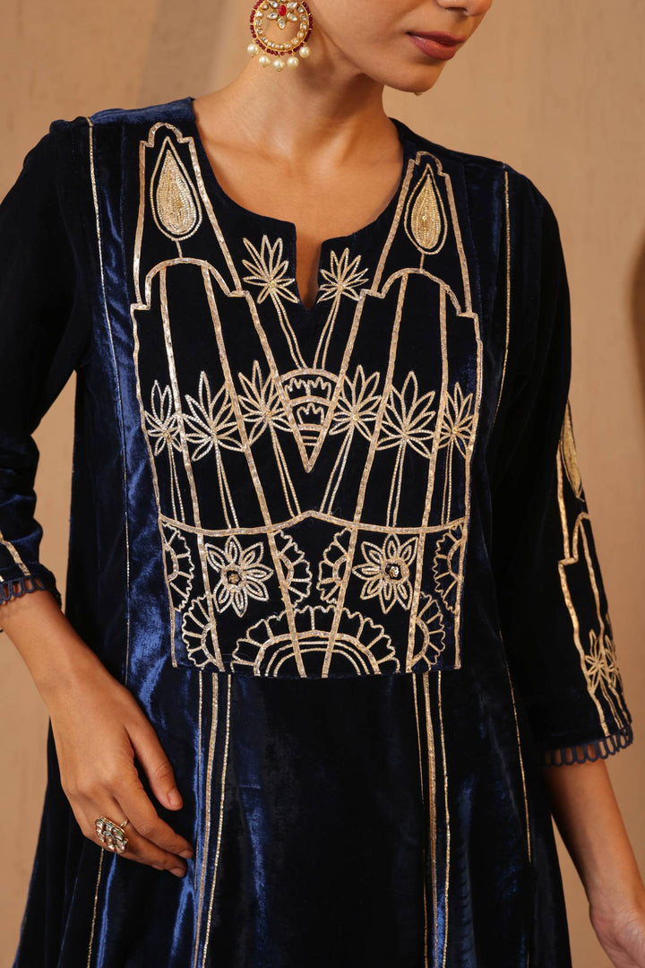 Navy Gota Velvet Anarkali with Narrow Pants and Scallop Dupatta - Set of 3