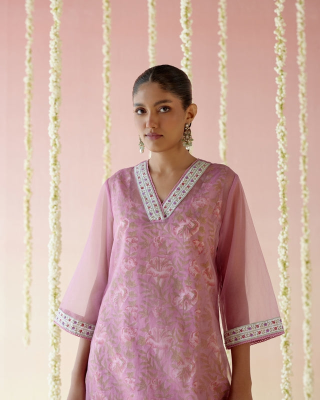 Mulberry Pink Long Kurta with Blockprinted Slip and Flared Pants- Set of 2