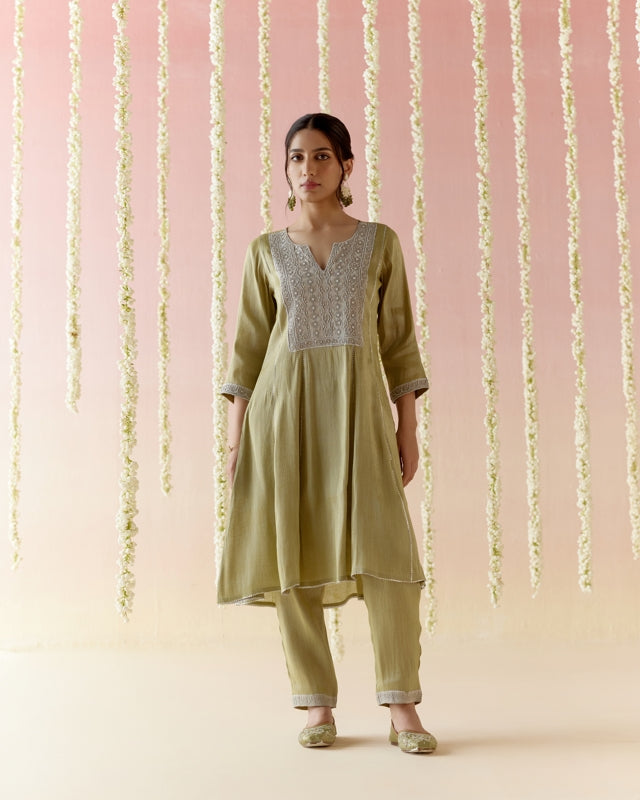 Moss Pearl Tissue Anarkali with  narrow Pants & Dupatta - Set of 3