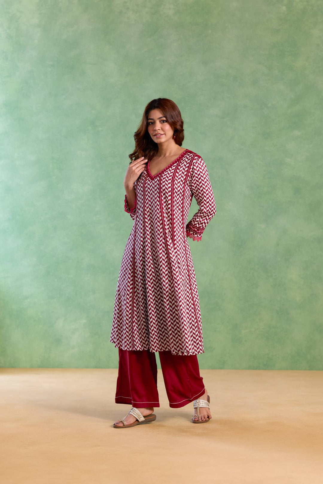 Maroon Beaded Chevron Anarkali with Flared Pants and Dupatta - Set of 3