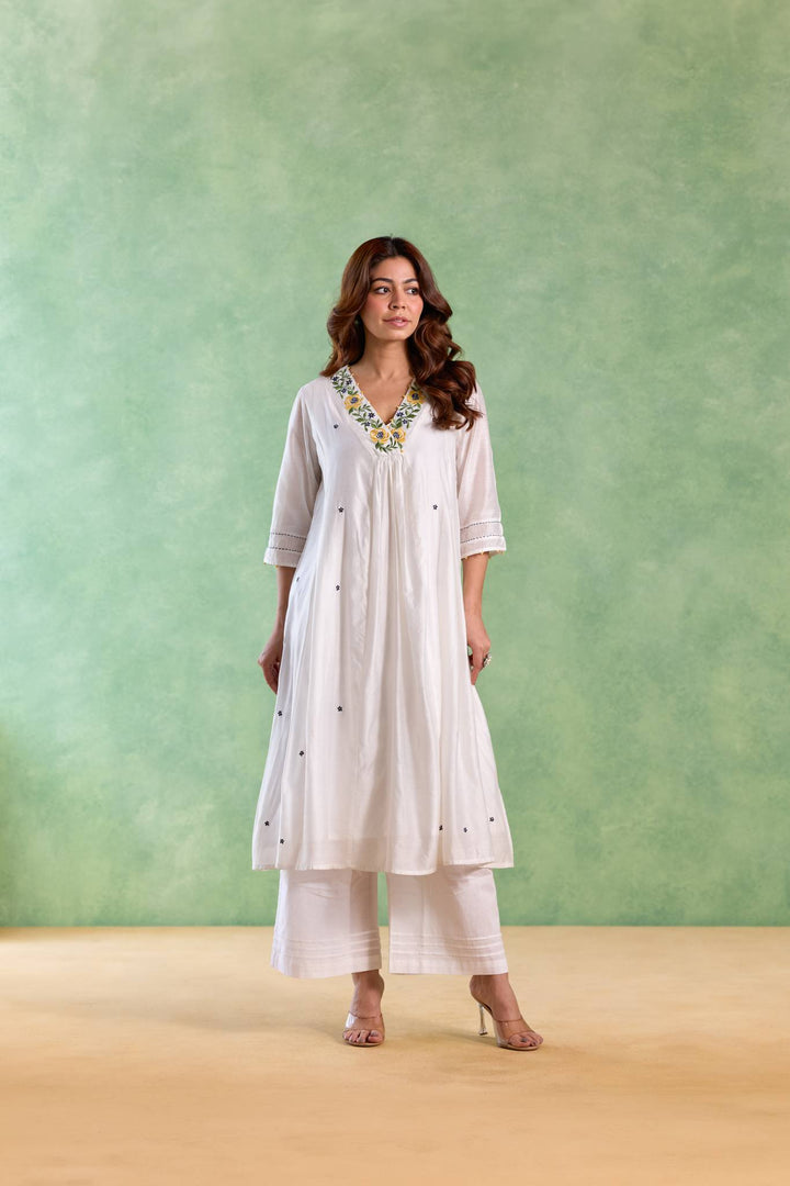 Blue Petal Embroidered Kurta with Wide-Leg Pants and Dupatta - Set of 3