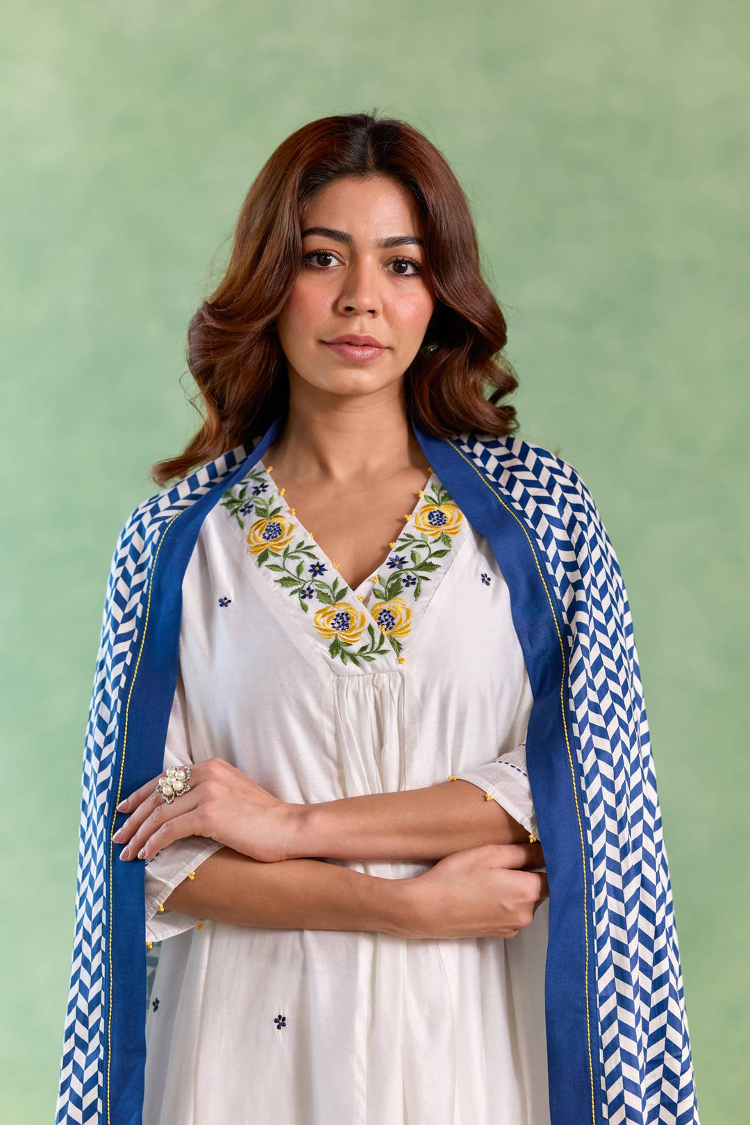 Blue Petal Embroidered Kurta with Wide-Leg Pants - Set of 2