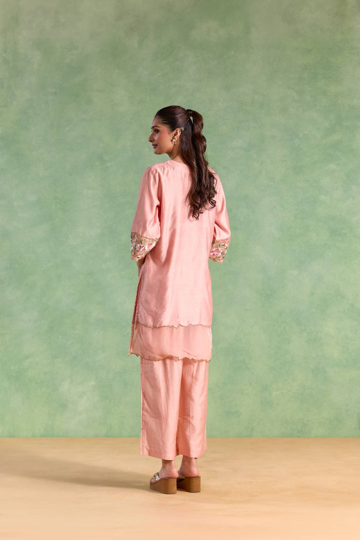 Soft Rose Embroidered Chanderi Kurta with Flared Pants and Dupatta - Set of 3