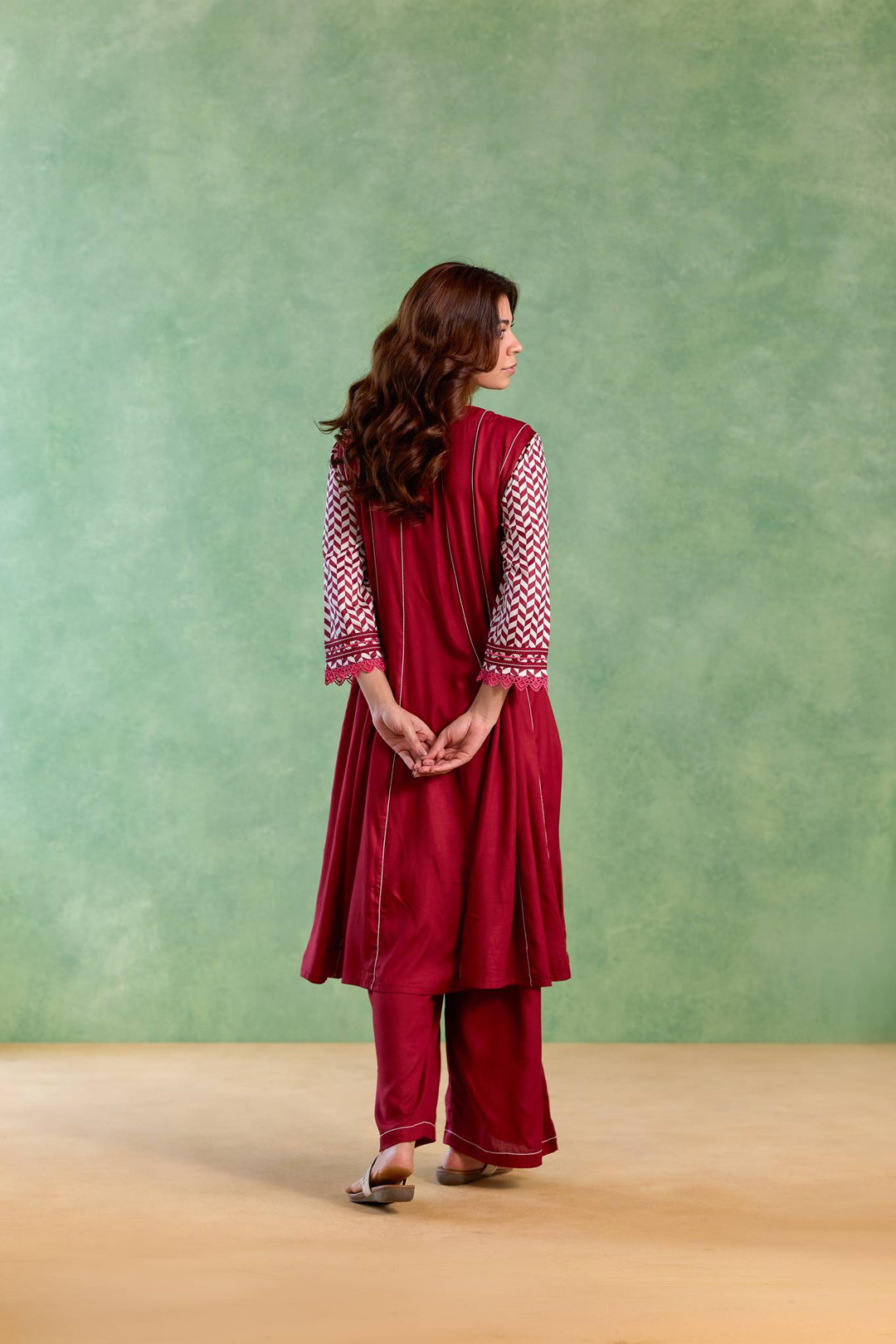 Maroon Beaded Chevron Anarkali with Flared Pants and Dupatta - Set of 3