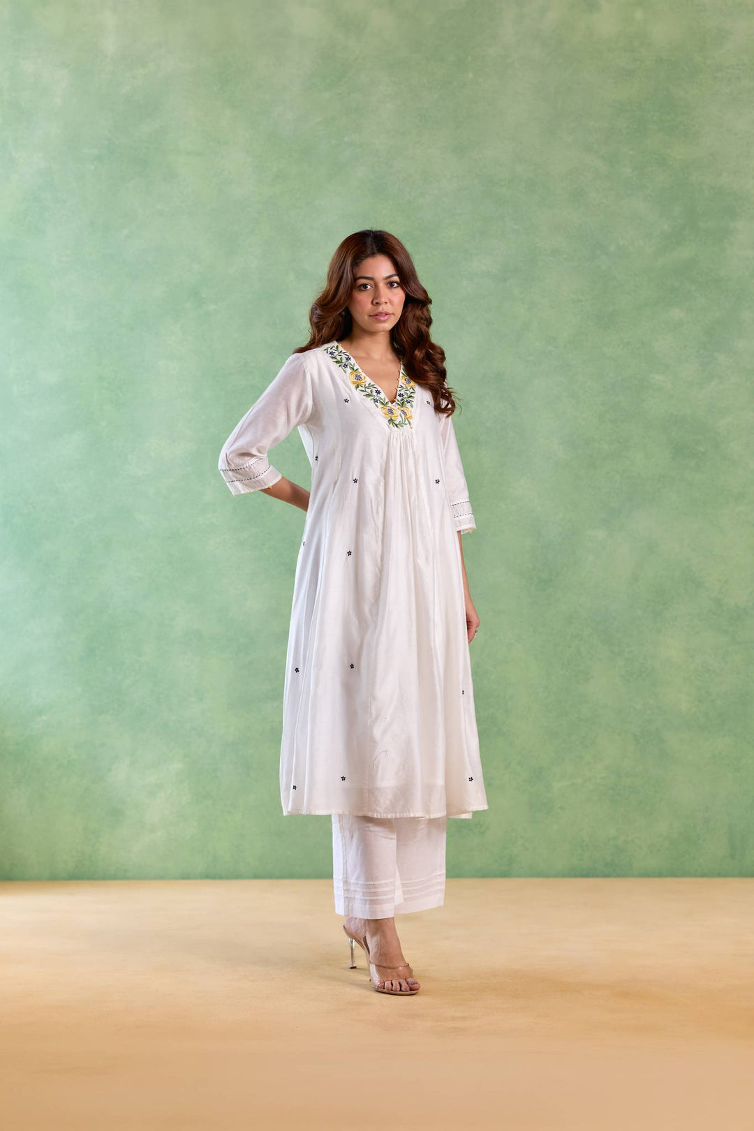 Blue Petal Embroidered Kurta with Wide-Leg Pants and Dupatta - Set of 3