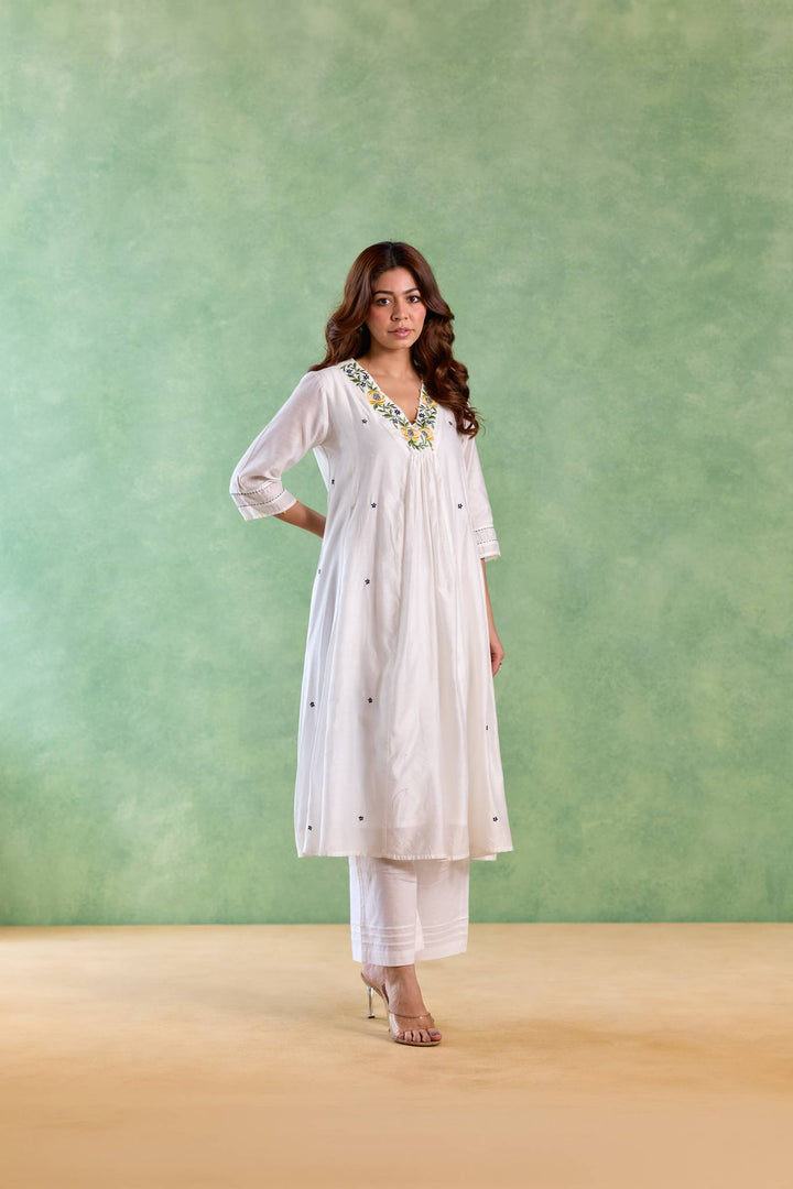 Blue Petal Embroidered Kurta with Wide-Leg Pants and Dupatta - Set of 3