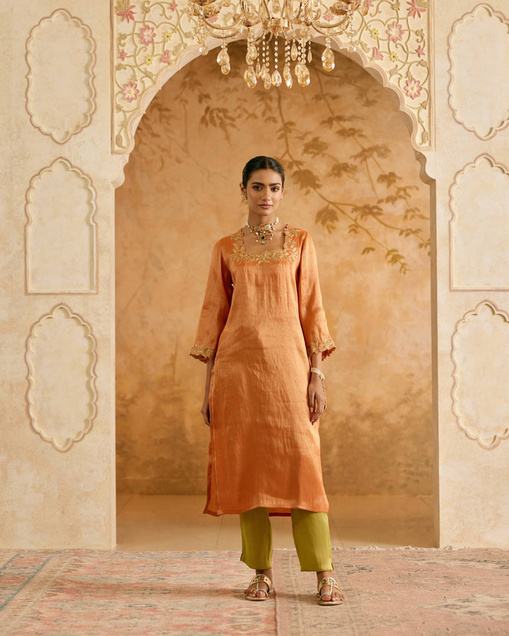 Olive Rust Tissue Kurta with Narrow Pants and Dupatta - Set of 4