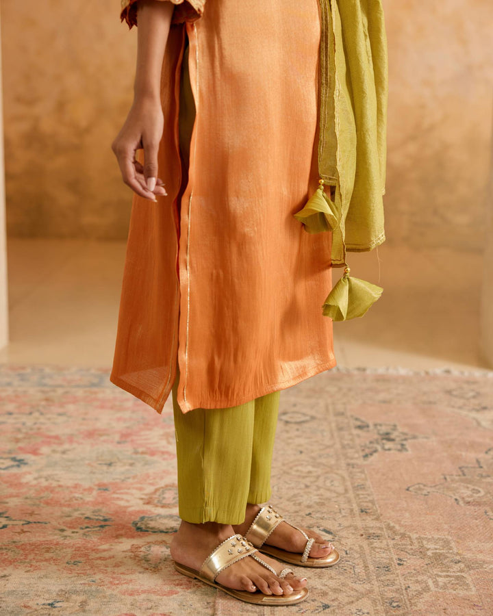 Olive Rust Tissue Kurta with Narrow Pants and Dupatta - Set of 4