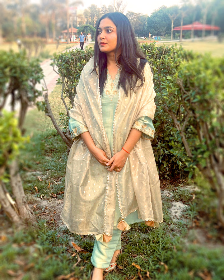Aqua Rose Chevron Tissue Kurta with Narrow Pants and Dupatta- kritika jain