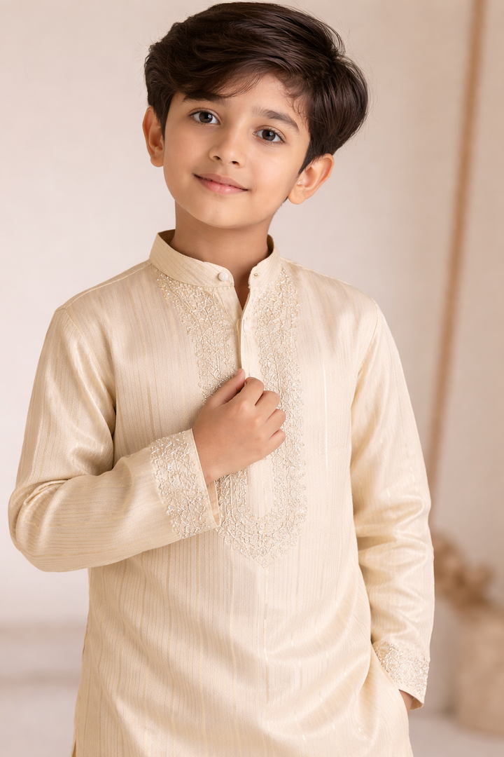 Boys Golden Floral Stripe Embroidered Kurta Set