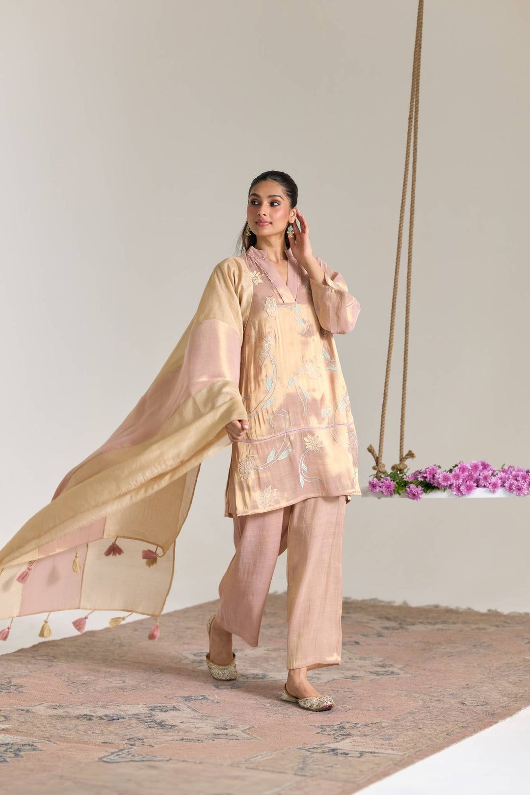 Rose Beige Panel Chanderi Stripe Tissue Dupatta
