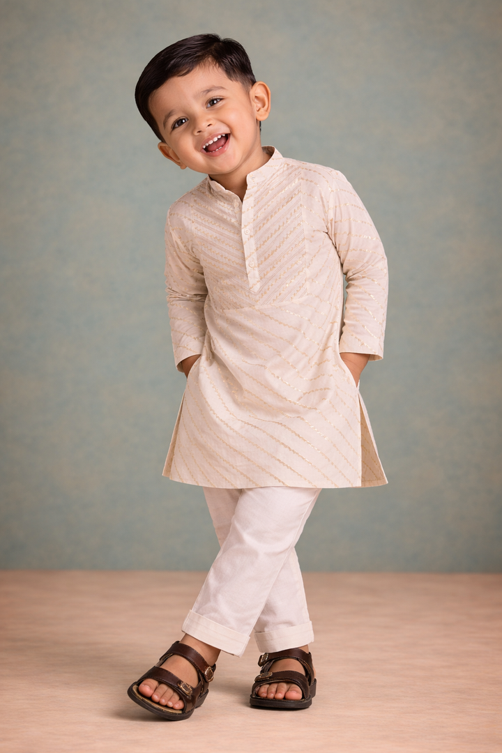 Boys Ivory Gold Chevron Brocade Embroidered Kurta Set