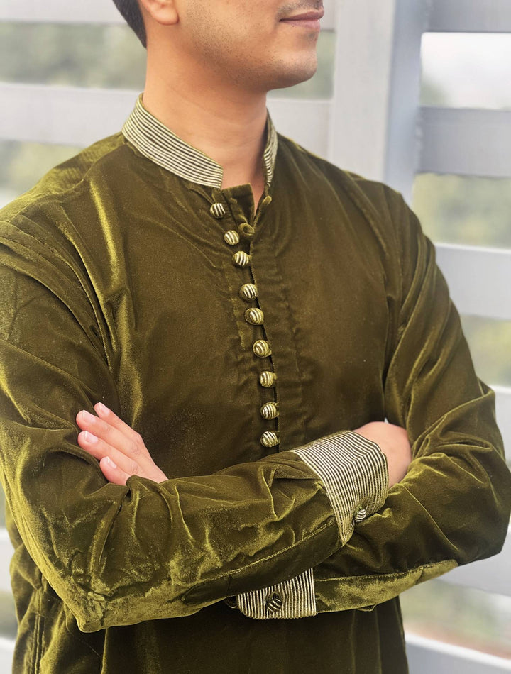 Olive Green Embroidered Velvet Kurta